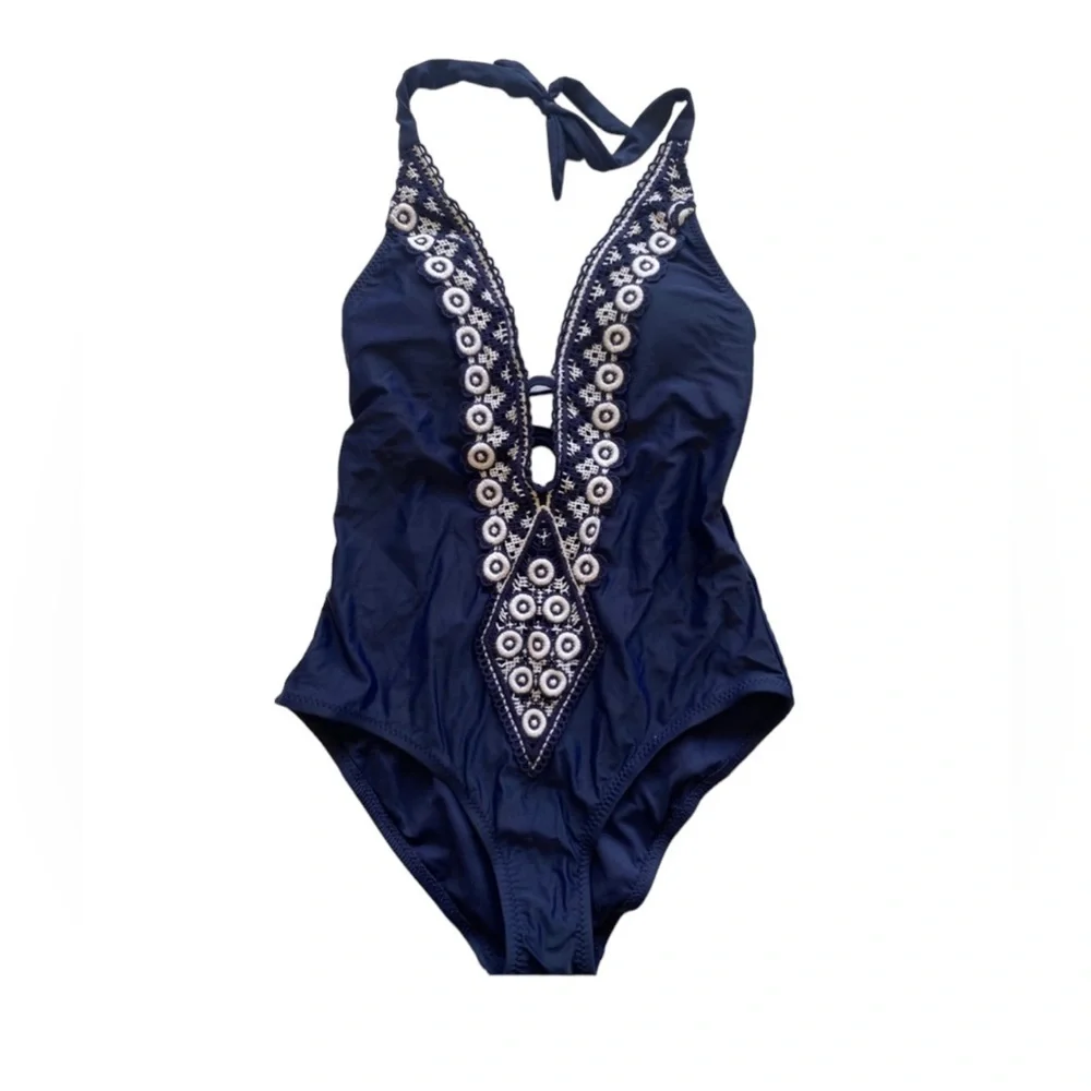 One Piece Navy‎ Blue Plunge Front Embroidered Low Back Halter Swimsuit Size M